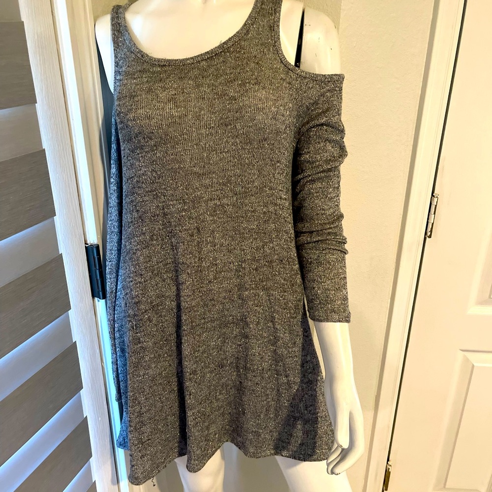 Womens lightweight top. Black with silver threading. Bare shoulders
